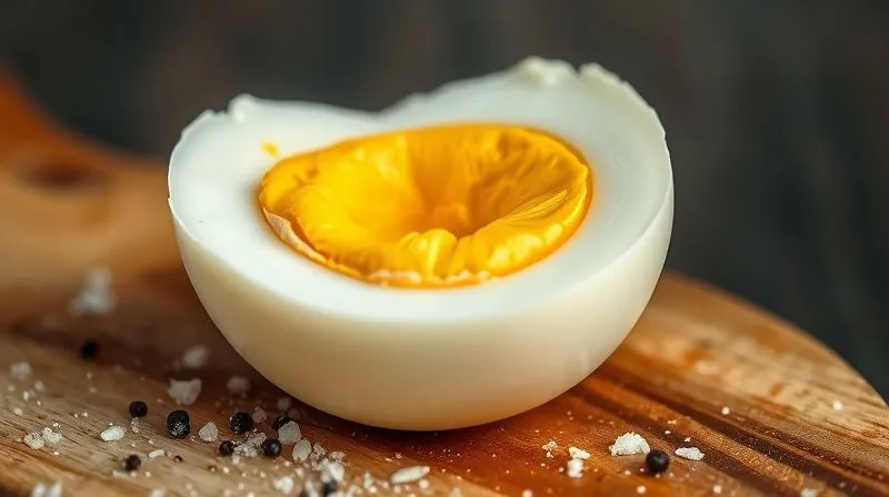 Photorealistic close-up of a perfectly peeled hard-boiled egg cut in half, revealing a vibrant yellow, slightly creamy yolk and firm white. The egg is resting on a rustic wooden board with a sprinkle of sea salt and black pepper, cinematic lighting, sharp focus, 8K, professional photography, depth of field.