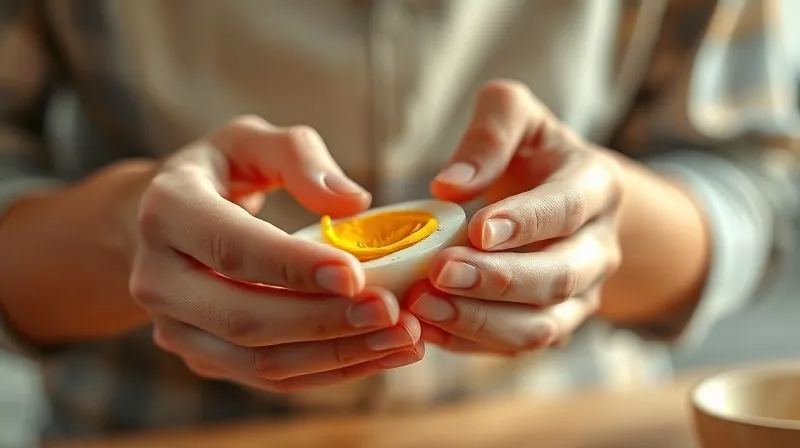 Photorealistic image of a person gently peeling a hard-boiled egg with focused, calm hands, a soft blur in the background, suggesting a quiet, mindful moment. Natural daylight, warm tones, sharp focus on the hands and egg, 8K, professional photography, depth of field, shot on a high-end DSLR.