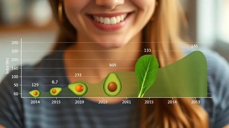 A stylized, clean graph showing a person's daily food intake and corresponding satiety levels over a week, depicted with simple icons for eggs, avocado, and spinach. The graph emphasizes consistency and improvement over time, professional, 8K, cinematic lighting, sharp focus, professional photography, depth of field.