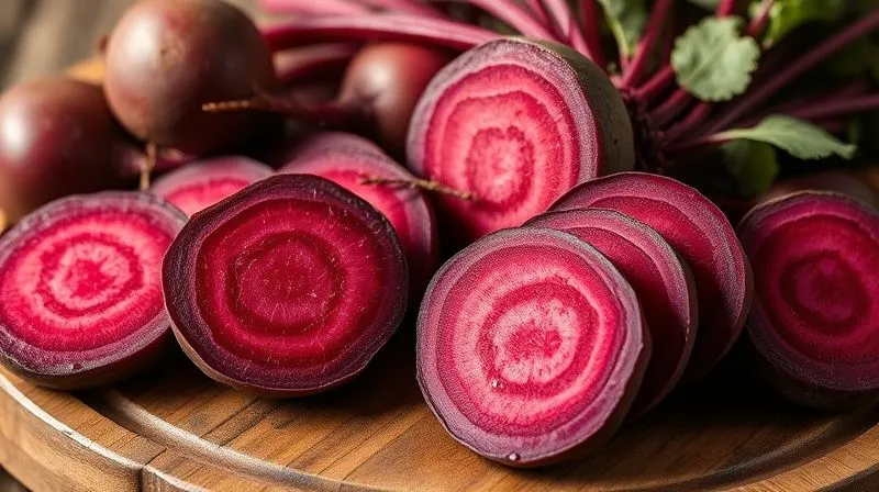 Photorealistic, professional photography, 8K, cinematic lighting, sharp focus, depth of field, shot on a high-end DSLR. A close-up, vibrant shot of fresh, raw beets, some whole and some precisely sliced, showing their rich, deep red color and juicy, earthy texture. They are artfully arranged on a rustic wooden board, with a subtle sprinkle of water droplets, evoking freshness and natural goodness.