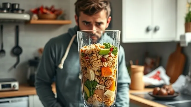 Photorealistic, professional photography, 8K, cinematic lighting, sharp focus, depth of field, shot on a high-end DSLR. A person standing in a modern, slightly messy kitchen, looking confusedly at an overflowing blender filled with too many mixed ingredients, some spilling out. The lighting is slightly harsh, emphasizing a sense of overwhelm and common dietary mistakes. The background shows a kitchen scale and various unhealthy snack wrappers, subtly suggesting lack of planning.