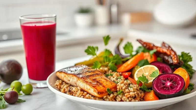 Photorealistic, professional photography, 8K, cinematic lighting, sharp focus, depth of field, shot on a high-end DSLR. A beautifully composed, balanced plate of healthy, colorful food (e.g., grilled salmon, quinoa, roasted vegetables) placed next to a vibrant beet smoothie in a glass. The setting is a minimalist, bright kitchen, emphasizing a holistic approach to nutrition and well-being. Soft, natural light illuminates the scene, creating a sense of calm and health.