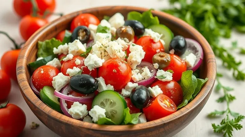 photorealistic, professional photography, 8K, cinematic lighting, sharp focus, depth of field shot of a vibrant, fresh keto Greek salad with crumbled feta cheese, cherry tomatoes, cucumbers, red onion, olives, and a light vinaigrette, served in a rustic wooden bowl on a light background. The image conveys freshness and health.