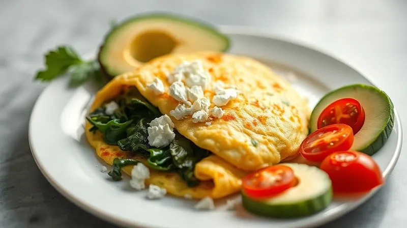 photorealistic, professional photography, 8K, cinematic lighting, sharp focus, depth of field shot of a beautifully plated keto breakfast. A fluffy omelet with spinach and crumbled feta cheese, served with a side of fresh avocado slices and cherry tomatoes on a minimalist white plate. The lighting is soft and inviting, emphasizing the freshness of the ingredients.