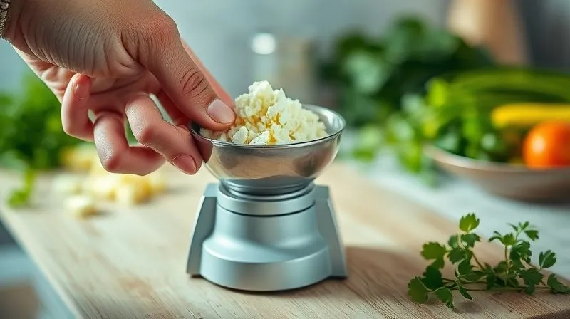 photorealistic, professional photography, 8K, cinematic lighting, sharp focus, depth of field shot of a person's hand using a kitchen scale to measure crumbled feta cheese into a small bowl, with fresh herbs and vegetables blurred in the background. The scene emphasizes precision and conscious eating for weight loss.