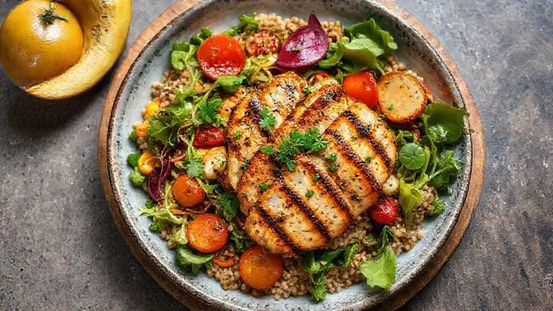 A beautifully plated, photorealistic dish of a vibrant buckwheat salad with grilled chicken and colorful vegetables, garnished with fresh herbs, shot from above, professional food photography, 8K, cinematic lighting, sharp focus, depth of field, shot on a high-end DSLR.