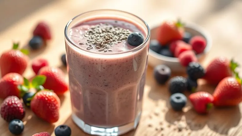 A photorealistic, bright image of a glass of low-fat kefir blended with vibrant mixed berries and a sprinkle of chia seeds, creating a healthy smoothie. It's placed on a clean wooden surface, with soft morning light illuminating it, emphasizing freshness and vitality. Professional photography, 8K, cinematic lighting, sharp focus, depth of field.