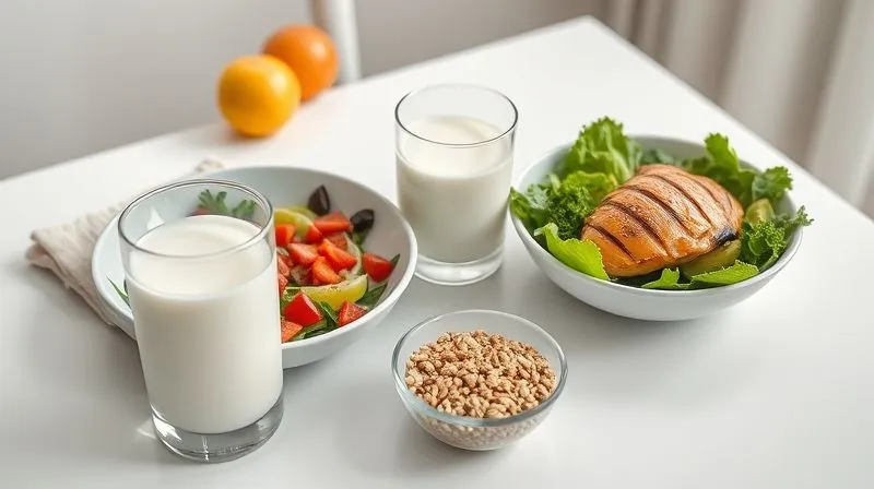 A photorealistic image of a balanced, healthy meal laid out on a clean white table, featuring a glass of plain low-fat kefir, a bowl of fresh salad with grilled chicken, and a small portion of whole grains. The lighting is soft and natural, emphasizing freshness and a mindful approach to eating. Professional photography, 8K, cinematic lighting, sharp focus, depth of field.