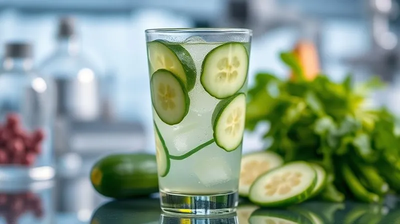A photorealistic, professional photography, 8K image of a clear glass of cucumber juice, with scientific symbols and molecular structures subtly overlaid, suggesting its health benefits. Cinematic lighting highlights the liquid, sharp focus on the glass, with a blurred background of laboratory equipment or healthy food items. Depth of field emphasizes the scientific aspect of the drink.