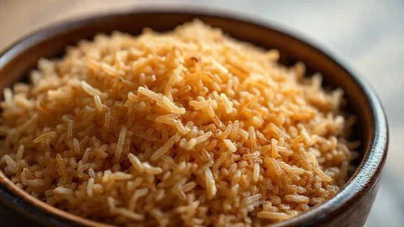 photorealistic, professional photography, 8K, cinematic lighting, sharp focus, depth of field, shot on a high-end DSLR, a close-up shot of perfectly cooked, fluffy brown rice in a ceramic bowl, individual grains clearly visible, with a subtle steam rising, suggesting freshness and warmth. The background is softly blurred, focusing entirely on the texture and appealing appearance of the rice.