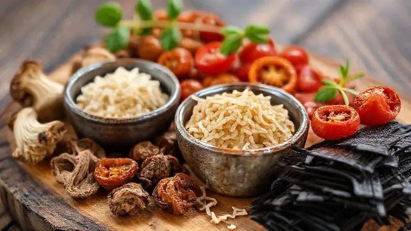 photorealistic, professional photography, 8K, cinematic lighting, sharp focus, depth of field, shot on a high-end DSLR, a vibrant still life composition of various umami-rich ingredients: dried shiitake mushrooms, sun-dried tomatoes (oil-free), a small bowl of nutritional yeast flakes, and a few sheets of nori seaweed, all arranged on a rustic wooden board with soft, warm light.