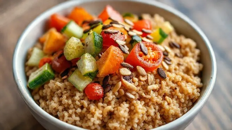 photorealistic, professional photography, 8K, cinematic lighting, sharp focus, depth of field, shot on a high-end DSLR, a vibrant and colorful close-up of a bowl of brown rice generously topped with an array of fresh, crunchy vegetables like diced cucumbers, bell peppers, cherry tomatoes, and scattered toasted pumpkin seeds. The arrangement is artful and appealing, emphasizing freshness and variety.