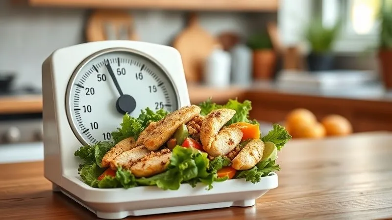 A close-up, photorealistic image of a kitchen scale showing a stagnant number, with a vibrant, fresh protein salad (chicken, quinoa, colorful vegetables) artfully arranged next to it, suggesting a dilemma or challenge. Cinematic lighting highlights the contrast between the scale and the fresh food. Sharp focus on the scale and salad, depth of field blurring a background of a healthy kitchen. 8K hyper-detailed, professional photography, shot on a high-end DSLR.