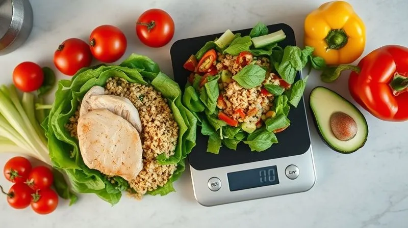 A photorealistic, top-down view of a neatly organized kitchen counter with various fresh, colorful salad ingredients (chicken breast, quinoa, spinach, tomatoes, cucumber, bell peppers, avocado) precisely portioned on a digital kitchen scale, showing a specific weight. Cinematic lighting, sharp focus on the ingredients and scale display, depth of field blurring the background. 8K hyper-detailed, professional photography, shot on a high-end DSLR.