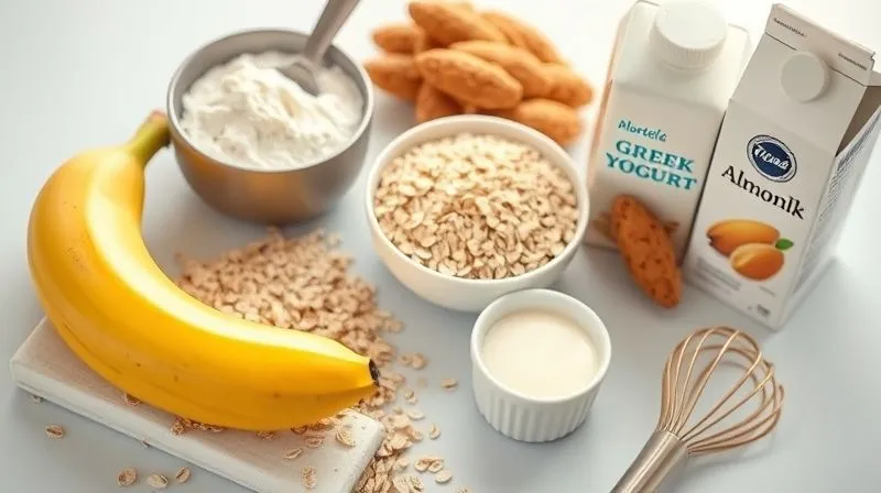 Photorealistic, professional photography, 8K, cinematic lighting, sharp focus, depth of field, shot on a high-end DSLR. A beautifully arranged flat lay of protein pancake ingredients: a scoop of protein powder, a bowl of rolled oats, a ripe banana, a container of Greek yogurt, a carton of almond milk, and a whisk. The composition is clean, bright, and inviting, emphasizing freshness and quality. Subtle warm light from the side.