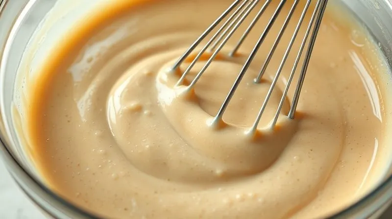 Photorealistic, professional photography, 8K, cinematic lighting, sharp focus, depth of field, shot on a high-end DSLR. A close-up shot of a creamy, light brown pancake batter being gently stirred in a glass bowl with a whisk. The batter has small air bubbles, indicating a perfect consistency. Soft, natural light illuminates the scene, highlighting the texture of the batter.