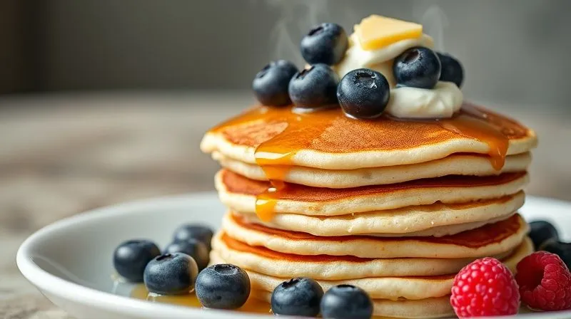 Photorealistic, professional photography, 8K, cinematic lighting, sharp focus, depth of field, shot on a high-end DSLR. A stack of fluffy protein pancakes generously topped with fresh berries (blueberries, raspberries), a dollop of Greek yogurt, and a drizzle of natural peanut butter. The scene is bright and appetizing, with steam subtly rising from the pancakes and a focus on the vibrant colors and textures of the toppings.