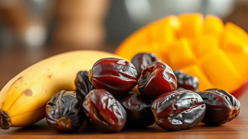Photorealistic, professional photography, 8K, cinematic lighting, sharp focus, depth of field. A beautifully arranged still life of very ripe fruits: a banana with brown spots, plump Medjool dates, and a slice of juicy, orange mango, all glistening under soft, warm light. The background is subtly blurred, suggesting a natural, healthy kitchen environment.