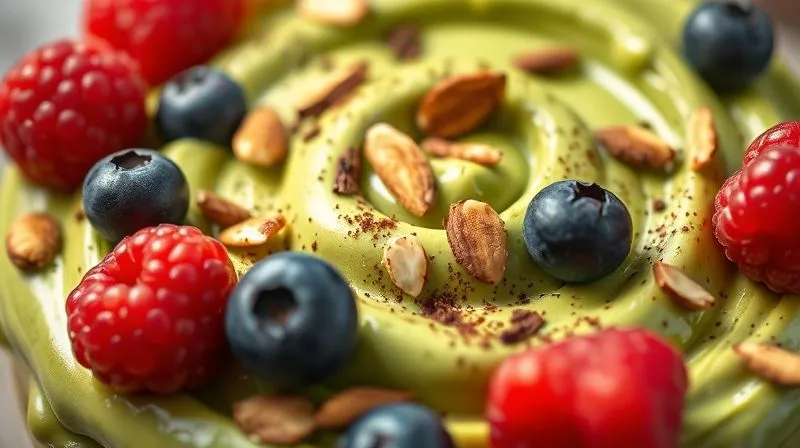 Photorealistic, professional photography, 8K, cinematic lighting, sharp focus, depth of field. A close-up shot of a vibrant green avocado cream dessert, artfully garnished with fresh, colorful berries (blueberries, raspberries), a sprinkle of dark cocoa powder, and finely chopped roasted almonds. The light emphasizes the creamy texture and the contrast of colors, creating an inviting and delicious impression.