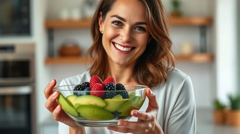 Photorealistic, professional photography, 8K, cinematic lighting, sharp focus, depth of field. A smiling woman in her late 30s, looking genuinely happy and satisfied, holding a elegant glass bowl with a vibrant green avocado dessert garnished with berries. She is in a bright, modern kitchen, reflecting a sense of healthy achievement and enjoyment. The lighting is soft and inviting.