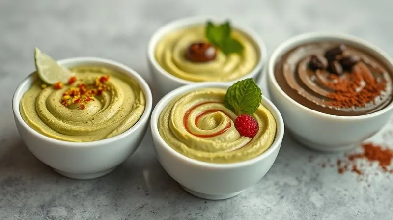 Photorealistic, professional photography, 8K, cinematic lighting, sharp focus, depth of field. Three small, elegant bowls of avocado cream, each with a different creative variation. One is a vibrant green with a sprinkle of chili flakes and a lime wedge. Another is a lighter green with a swirl of fresh raspberry coulis and mint leaves. The third is a rich, dark green with cocoa powder and a few coffee beans. The presentation is sophisticated and visually appealing, highlighting diverse flavor possibilities.