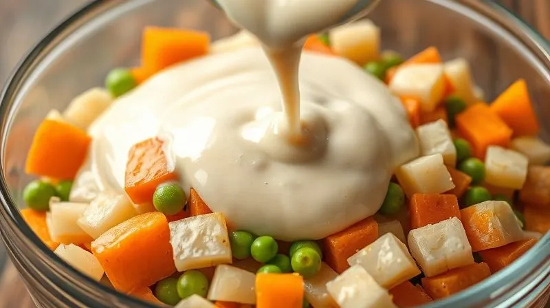 A close-up, photorealistic image of a creamy, light-colored dressing being drizzled over finely diced cooked vegetables (carrots, potatoes, peas, celery root, pickles) in a glass bowl. The dressing has a smooth, rich texture, hinting at a healthy, mayonnaise-like consistency. Cinematic lighting, sharp focus on the dressing and vegetables, with a soft depth of field. 8K hyper-detailed, professional food photography, shot on a high-end DSLR, emphasizing freshness and lightness.