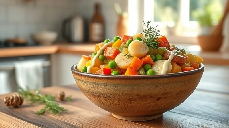 A highly detailed, photorealistic image of a fresh and healthy Polish vegetable salad (sa?atka jarzynowa) in a rustic ceramic bowl, garnished with fresh dill and parsley. The salad appears vibrant and well-mixed, with a light, creamy dressing visible but not overpowering. The background is a gently blurred, sunlit kitchen counter with natural wood textures. Cinematic lighting, sharp focus on the salad, depth of field. 8K hyper-detailed, professional food photography, shot on a high-end DSLR, conveying a sense of health and freshness.