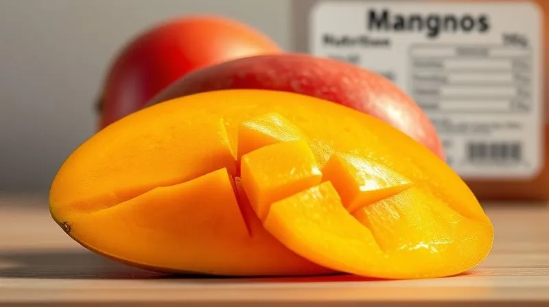A photorealistic, professional photography shot of a perfectly sliced, ripe mango, showcasing its vibrant orange flesh and seed, with a clear nutritional information label in the background, cinematic lighting. 8K hyper-detailed.