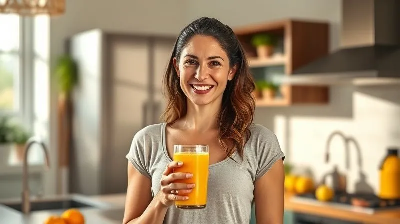 A photorealistic, professional photography shot of a woman smiling confidently while holding a glass of mango smoothie, standing in a bright, modern kitchen. Her posture suggests improved health and energy. Cinematic lighting, sharp focus, 8K hyper-detailed.