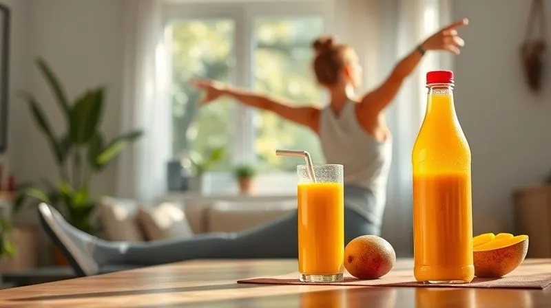 A photorealistic, professional photography shot of a person doing light stretching exercises in a sunlit room, with a fresh mango smoothie bottle visible on a nearby table. The scene conveys a sense of healthy lifestyle and energy. Cinematic lighting, 8K hyper-detailed.