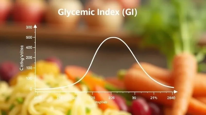 A scientific infographic illustrating the concept of Glycemic Index (GI) with two curves: one sharp peak for high GI food and one gentle, prolonged curve for low GI food. The infographic should be clean, modern, and easy to understand, with subtle culinary elements like a carrot icon. Professional photography, 8K, cinematic lighting, sharp focus.