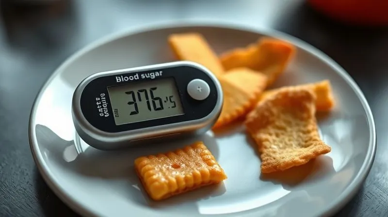 Photorealistic image of a blood sugar meter displaying a stable, healthy reading, next to a plate with a few healthy, low-GI snacks. Cinematic lighting, sharp focus, depth of field, 8K, shot on a high-end DSLR.
