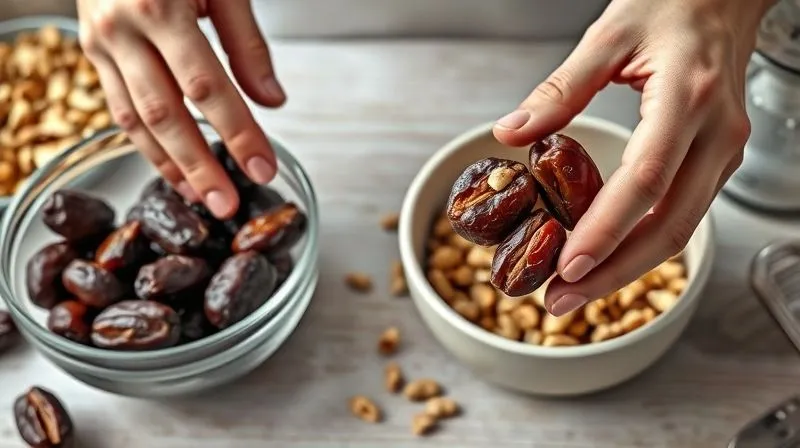 Photorealistic image of hands preparing date pralines, showing a bowl of whole dates, a bowl of chopped nuts, and a mixer. Soft, natural light, sharp focus on the ingredients, depth of field, 8K, shot on a high-end DSLR.