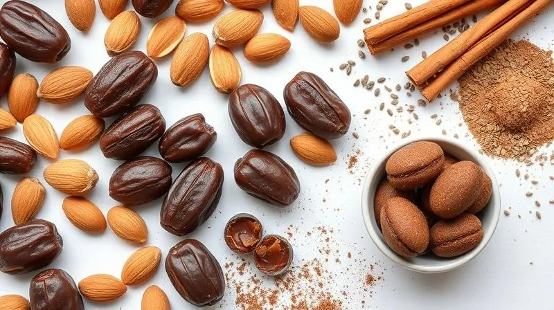 Photorealistic flat lay of various ingredients for low-GI date pralines: dates, almonds, chia seeds, cocoa powder, cinnamon stick, and a small bowl of finished pralines. Bright, natural light, sharp focus, depth of field, 8K, shot on a high-end DSLR.
