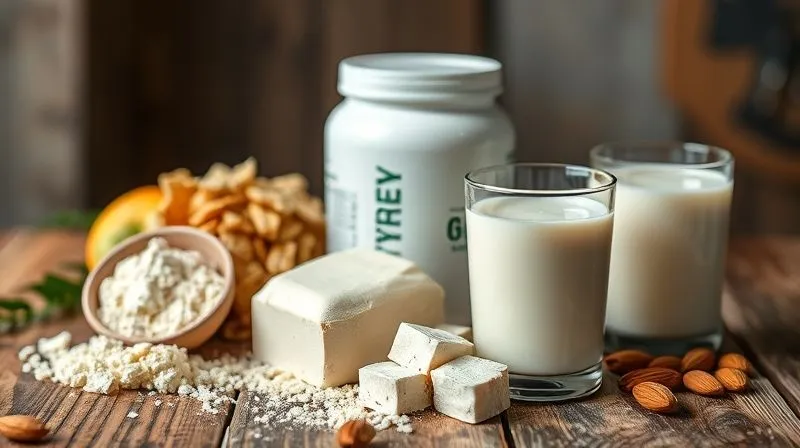 Photorealistic, professional photography of various protein sources for smoothies, such as a scoop of whey protein powder, a container of Greek yogurt, a block of silken tofu, and a glass of unsweetened almond milk, arranged aesthetically on a rustic wooden table with cinematic lighting, sharp focus on the ingredients, depth of field blurring the background, 8K hyper-detailed, conveying health and nutrition.