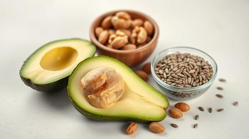 Photorealistic professional photography of a variety of healthy fat sources for smoothies, including creamy avocado slices, a dollop of natural peanut butter, a handful of walnuts, and a small bowl of flax seeds, artfully arranged on a light background with cinematic lighting, sharp focus on the textures, depth of field blurring the background, 8K hyper-detailed, conveying richness and healthy energy.