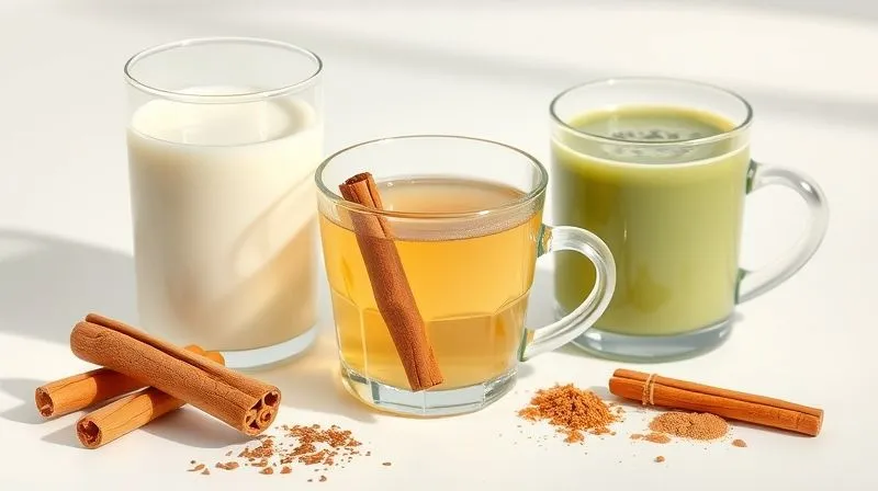 Photorealistic professional photography of a selection of low-IG smoothie liquids and spices. This includes a glass of unsweetened almond milk, a cup of cooled green tea, a small bowl of cinnamon sticks and ground cinnamon, and a few drops of liquid stevia, arranged on a bright, minimalist surface with soft, natural light, sharp focus on the details, depth of field, 8K, shot on a high-end DSLR, conveying healthy choices.
