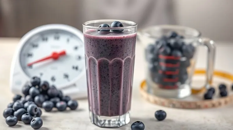 Photorealistic professional photography of a perfectly portioned blueberry smoothie in a transparent glass, placed next to a kitchen scale and a measuring cup, with a small pile of fresh blueberries and a subtle measuring tape in the soft-focused background. The scene is well-lit with cinematic lighting, sharp focus on the smoothie and measurement tools, 8K, shot on a high-end DSLR, conveying precision and controlled intake for weight loss.