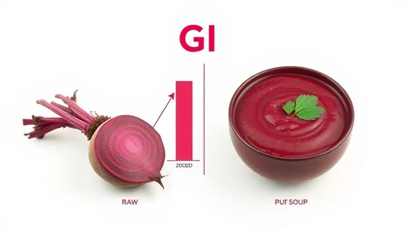 Photorealistic, professional photography, 8K, cinematic lighting, sharp focus, depth of field, shot on a high-end DSLR, a minimalist, elegant infographic illustrating the concept of Glycemic Index (GI) with a simplified graph showing blood sugar spikes after consuming high vs. low GI foods. On one side, a ripe, whole beetroot represents low GI raw, and on the other, a steaming bowl of pureed beetroot soup represents higher GI cooked, with arrows and labels indicating the difference. The background is clean and bright, emphasizing clarity and scientific accuracy.