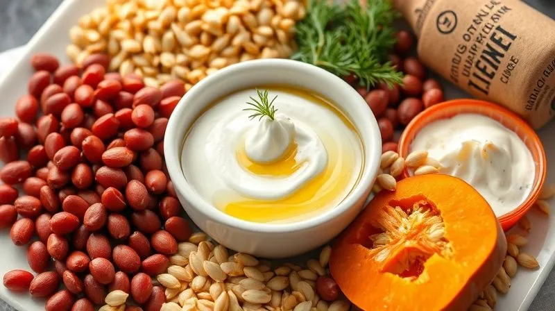Photorealistic, professional photography, 8K, cinematic lighting, sharp focus, depth of field, shot on a high-end DSLR, a close-up, beautifully composed shot of various low-GI ingredients arranged harmoniously around a small, elegant white bowl. Ingredients include vibrant red lentils, creamy Greek yogurt, golden pumpkin seeds, glistening extra virgin olive oil in a small cruet, and a sprig of fresh dill. The focus is sharp on the ingredients, with a soft, inviting background, highlighting their natural textures and colors. The image conveys health, freshness, and the richness of a balanced diet.