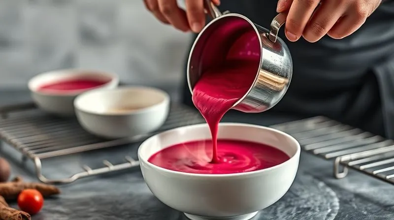 Photorealistic, professional photography, 8K, cinematic lighting, sharp focus, depth of field, shot on a high-end DSLR, a skilled chef's hands carefully pouring a vibrant, rich red beetroot cream soup from a saucepan into a modern white bowl, emphasizing the smooth, creamy texture. The steam gently rises, suggesting freshness, but the focus is on the cooling process. In the background, a subtle blur of a cooling rack with other dishes, conveying the concept of preparing meals in advance for improved nutritional benefits. The scene is elegant and culinary-focused.