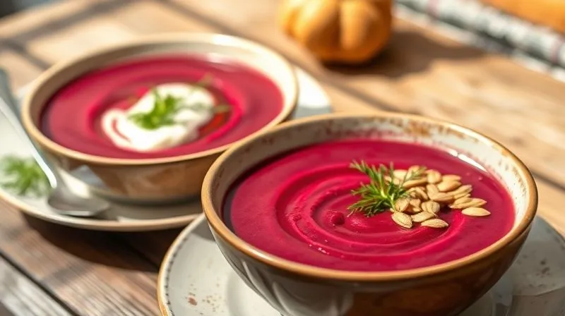 Photorealistic, professional photography, 8K, cinematic lighting, sharp focus, depth of field, shot on a high-end DSLR, two distinct bowls of beautifully plated beetroot cream soup. One bowl is garnished with creamy Greek yogurt and fresh dill, the other with toasted pumpkin seeds and a hint of fresh ginger. The soups are rich red, inviting, and clearly healthy, presented on a rustic wooden table with natural light, emphasizing their deliciousness and nutritional value. The scene evokes a gourmet, healthy meal.