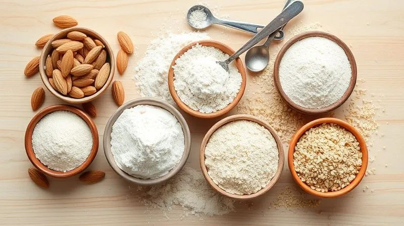 A visually appealing arrangement of various gluten-free flours in small ceramic bowls – almond flour, coconut flour, buckwheat flour, and teff flour – with measuring spoons, on a light wooden background. photorealistic, professional photography, 8K, cinematic lighting, sharp focus, depth of field, shot on a high-end DSLR.