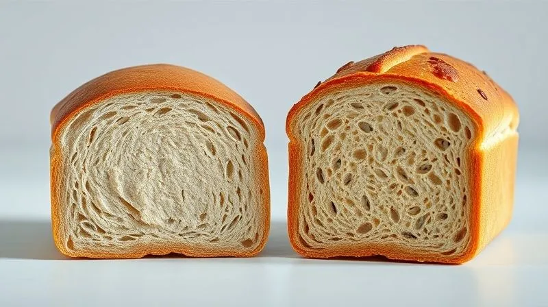 A comparison shot: on the left, a dull, dense, pale gluten-free bread loaf; on the right, a vibrant, airy, golden-brown gluten-free fitness bread loaf with visible seeds and a perfect crumb structure. Both loaves are sliced, showcasing the internal difference. photorealistic, professional photography, 8K, cinematic lighting, sharp focus, depth of field, shot on a high-end DSLR.
