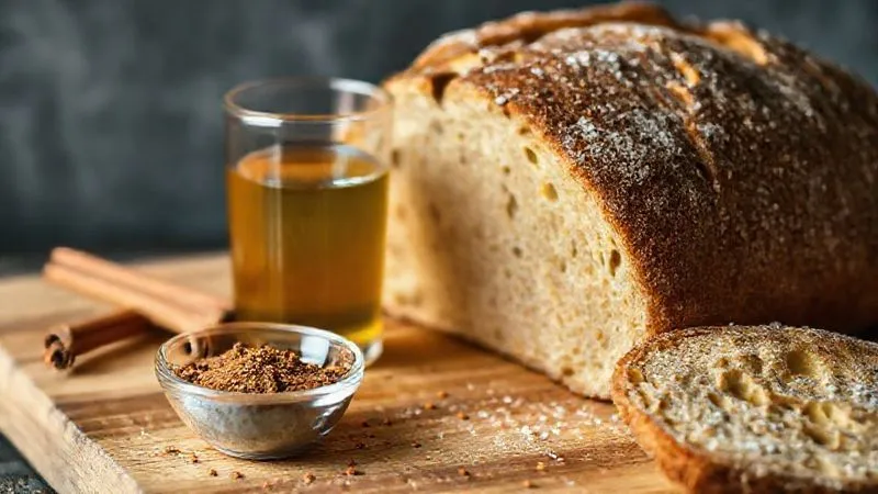 A close-up shot of a small bowl of ground cinnamon and a glass of apple cider vinegar next to a cutting board with freshly baked bread, indicating healthy additives for baking. Photorealistic, professional photography, 8K, cinematic lighting, sharp focus, depth of field, shot on a high-end DSLR.