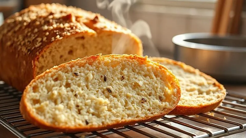 A beautifully styled shot of freshly baked, golden-brown rice bread, sliced to reveal a moist, airy crumb with visible seeds and grains. It's on a cooling rack, with steam gently rising, in a sunlit kitchen. Photorealistic, professional photography, 8K, cinematic lighting, sharp focus, depth of field, shot on a high-end DSLR.