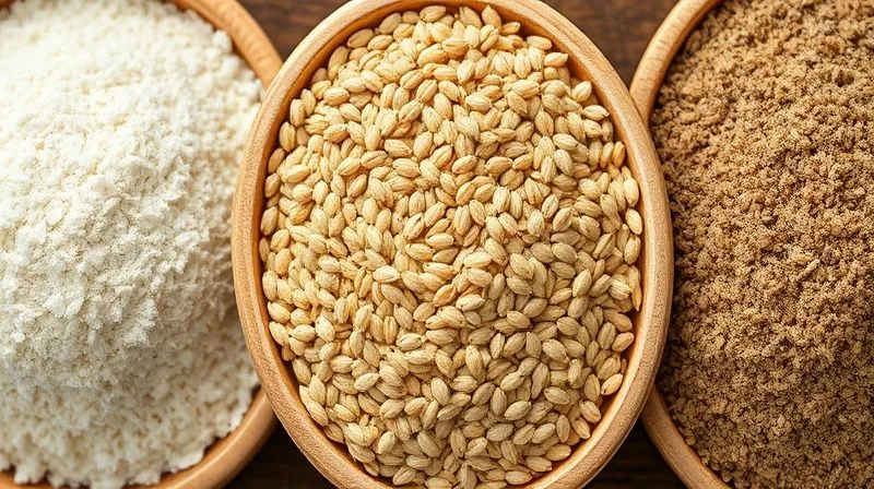 Photorealistic close-up of three bowls, each containing a different type of spelt flour: one with fine white flour, one with light brown whole grain flour, and one with dark, coarse whole grain spelt flour. Labels are not visible, but the texture and color differences are distinct. Cinematic lighting, sharp focus on the textures, depth of field, 8K hyper-detailed, shot on a high-end DSLR.
