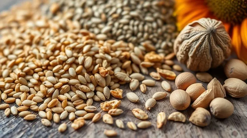 Photorealistic close-up of a variety of healthy seeds and nuts arranged aesthetically on a rustic wooden surface. Include flax seeds, chia seeds, sunflower seeds, pumpkin seeds, and chopped walnuts. The focus is on the natural textures and colors, with cinematic lighting and a shallow depth of field. 8K hyper-detailed, shot on a high-end DSLR.