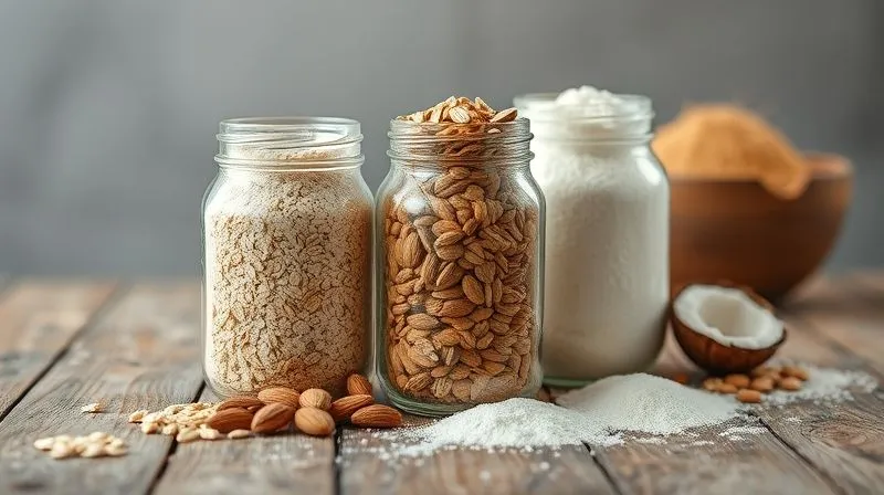 Photorealistic image of various types of flour (oat, almond, coconut) neatly arranged in glass jars on a rustic wooden table, soft natural light, depth of field, 8K, professional photography.
