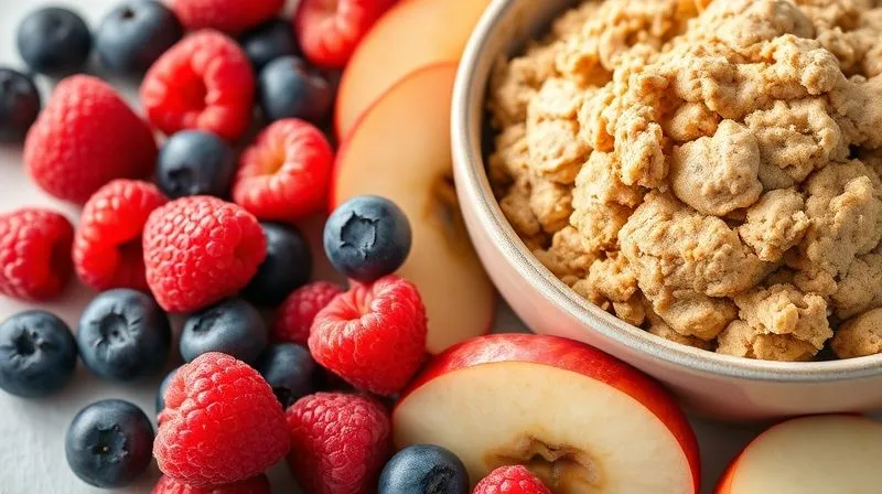 Photorealistic image of colorful fresh berries (raspberries, blueberries) and sliced apples arranged artfully next to a bowl of cookie dough, natural light, sharp focus, 8K, professional photography.